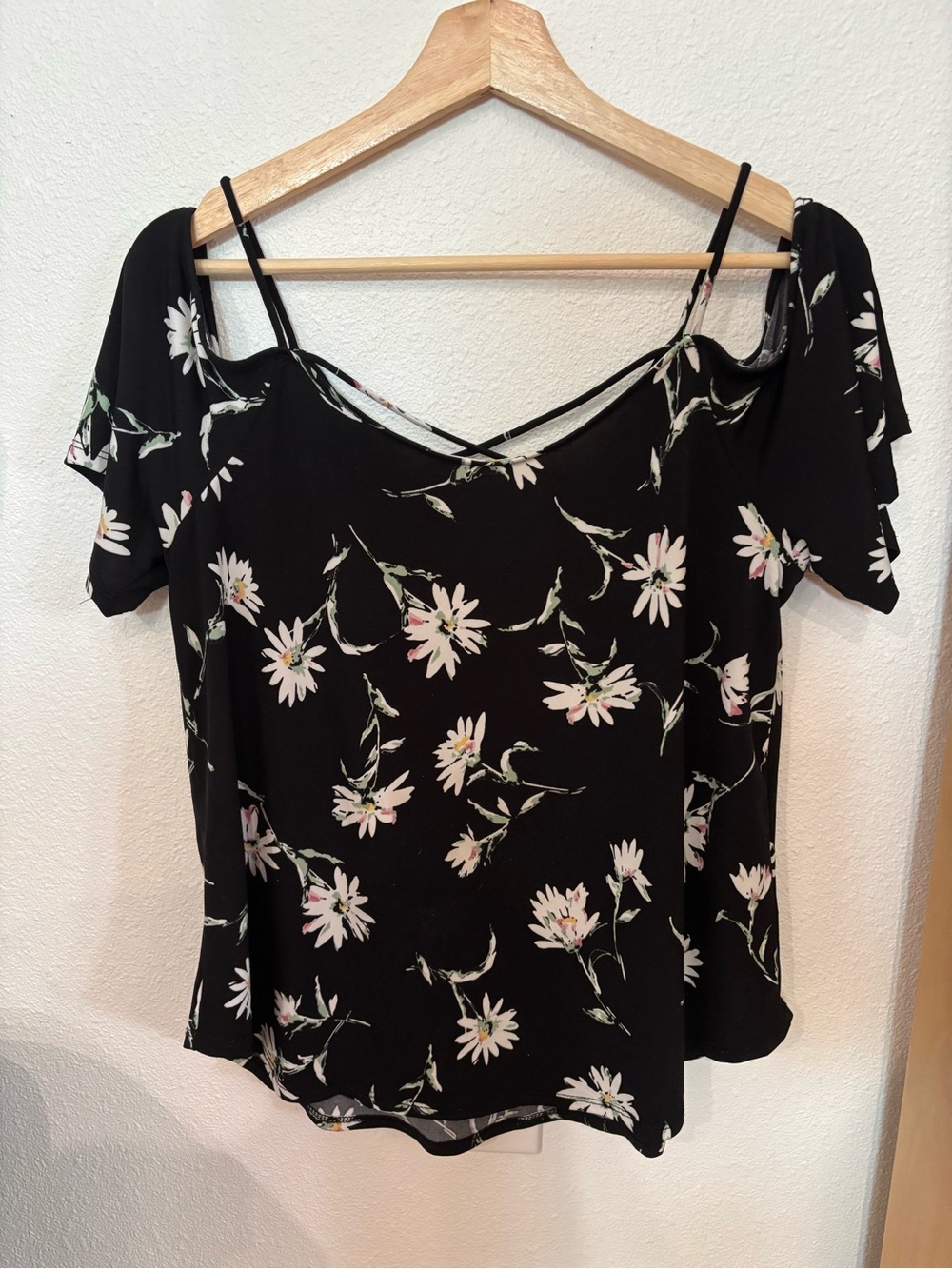 Kaileigh Black Floral Cold-Shoulder Blouse with Strappy Detail